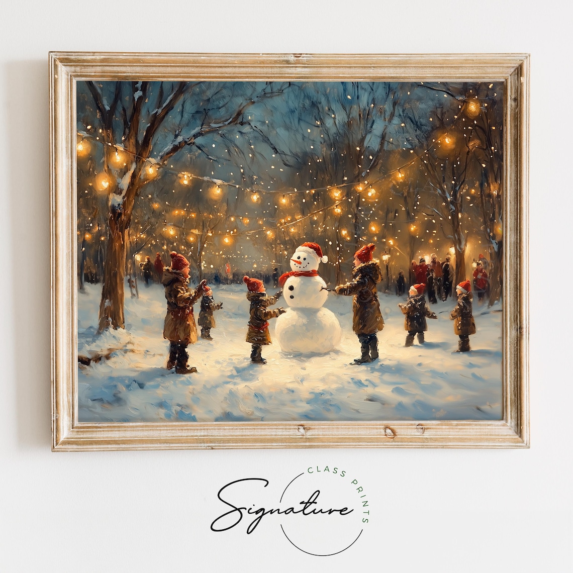 Kids Building a Snowman in Winter Woods, Holiday Art Print