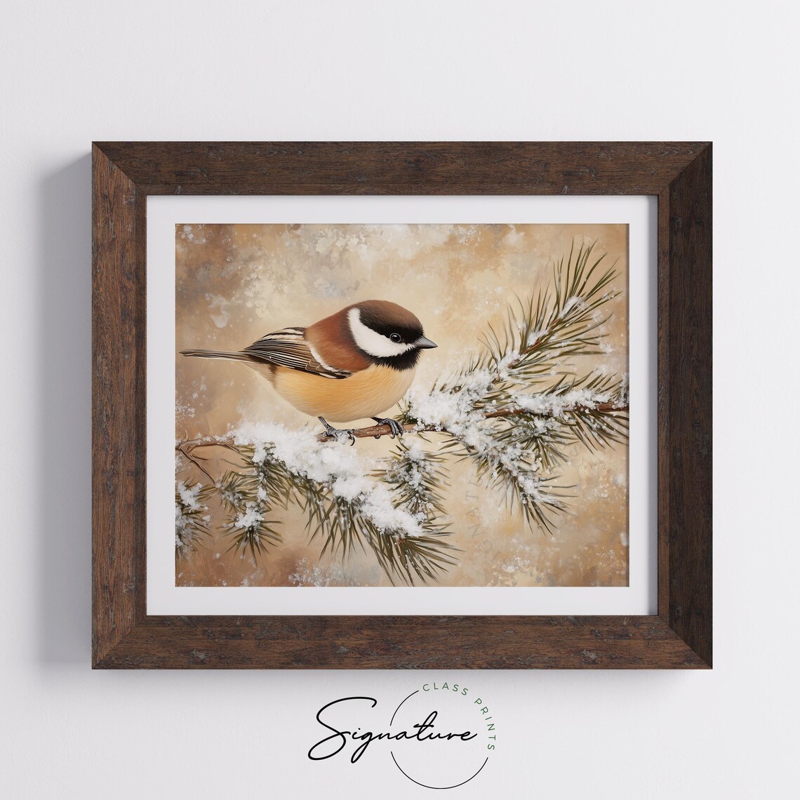 Chickadee Perched on a Snowy Pine Branch Vintage Winter Poster - Image 4
