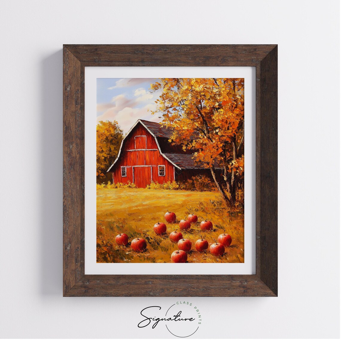 Red Barn with Fallen Apples in Bright Autumn Orchard Scene Poster - Image 4