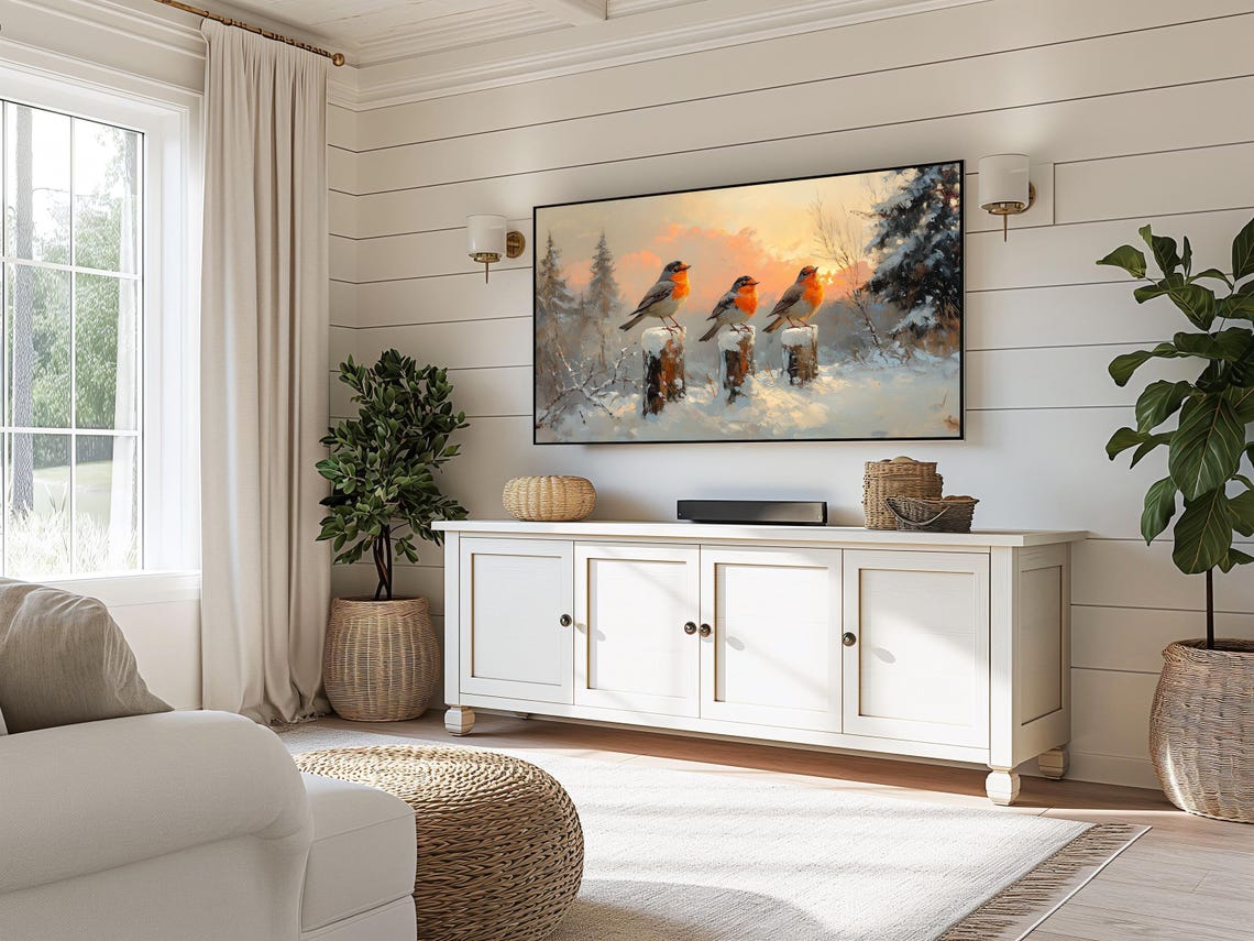 Three Robins On Snowy Stumps At Winter Sunrise Warm Bird Art Poster - Image 3