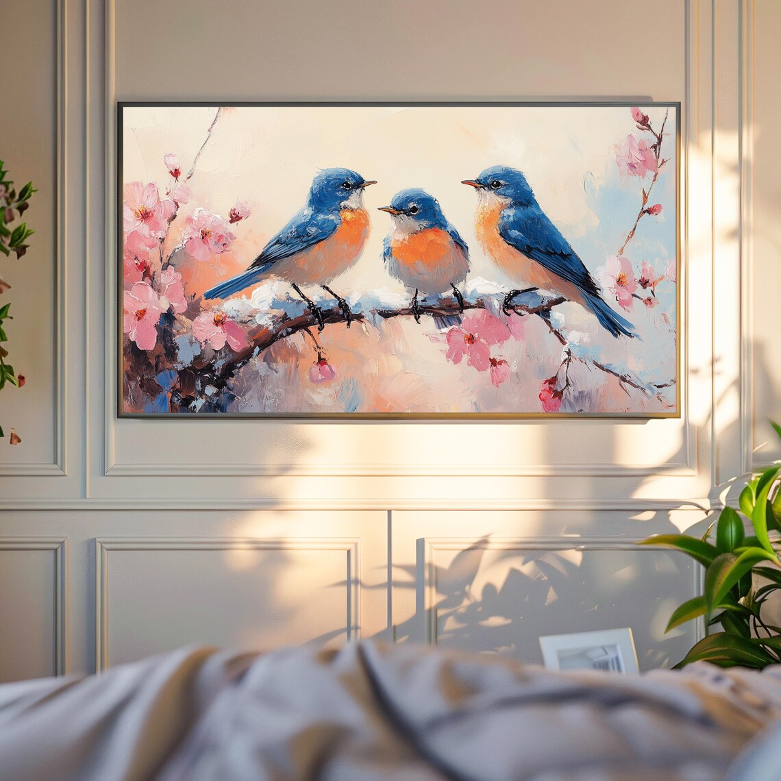 Three Bluebirds On Snowy Blossom Branch In Soft Winter Poster - Image 4