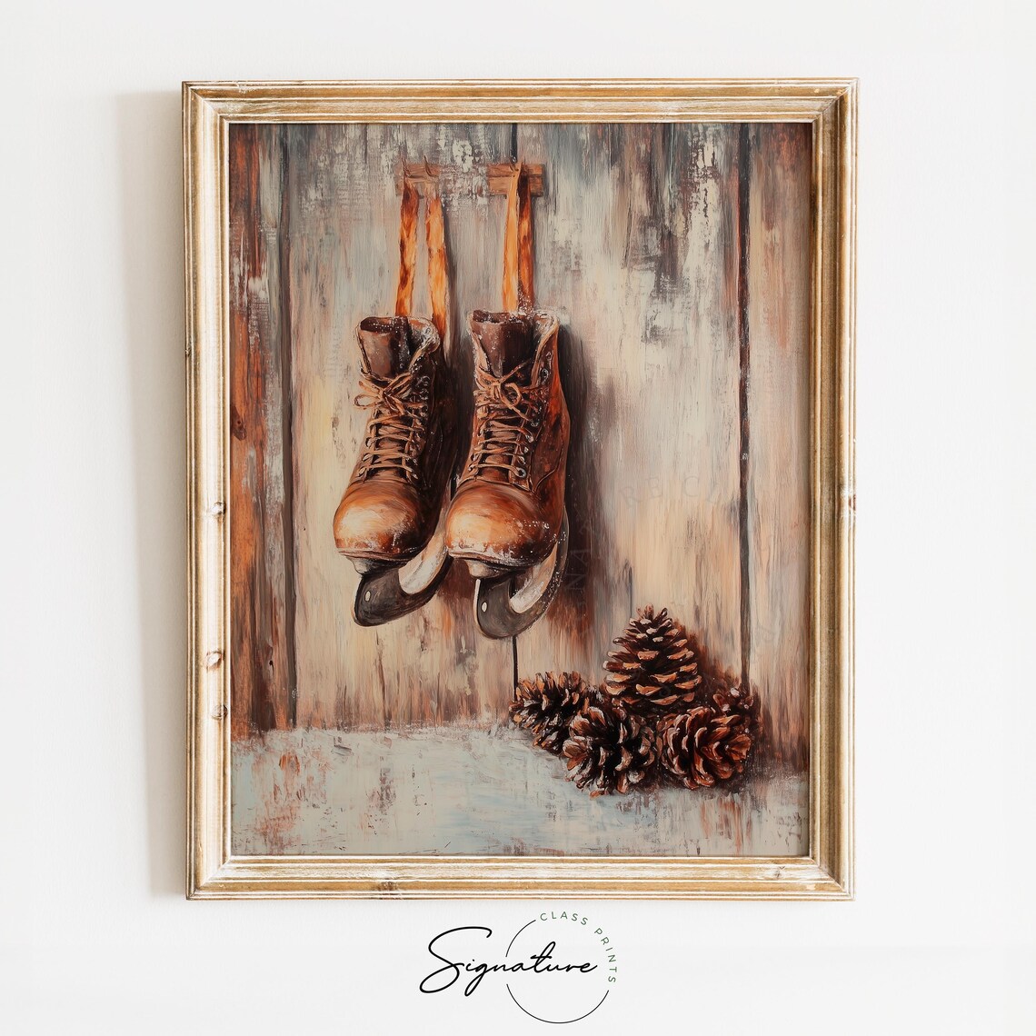 Pair of Vintage Ice Skates on Rustic Wood Winter Oil Painting Print