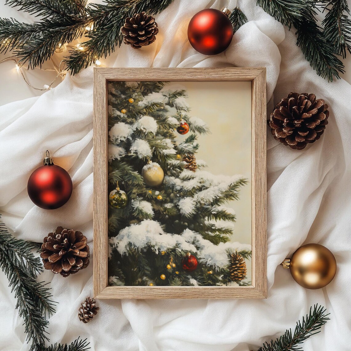 Snow Laden Christmas Tree with Red and Gold Baubles Holiday Poster - Image 4