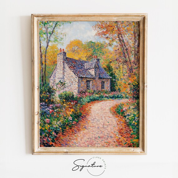 Cozy Stone Cottage Autumn Garden Impressionist Landscape Poster
