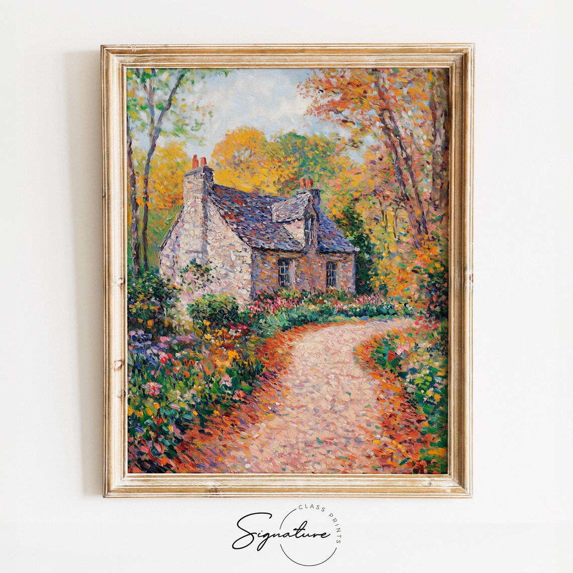 Cozy Stone Cottage Autumn Garden Impressionist Landscape Poster