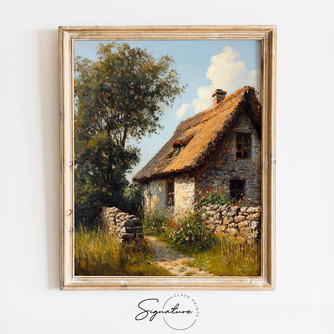 Old Stone Thatched Cottage Wildflowers Rustic Countryside Print