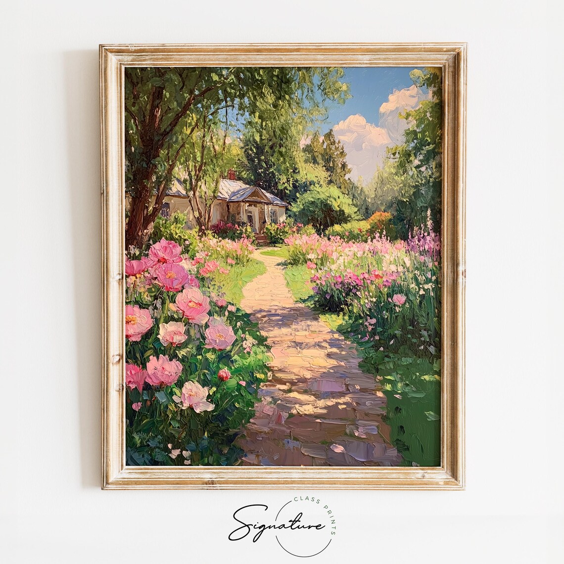 Pink Peony Lined Shady Stone Path to Cottage Summer Garden Poster