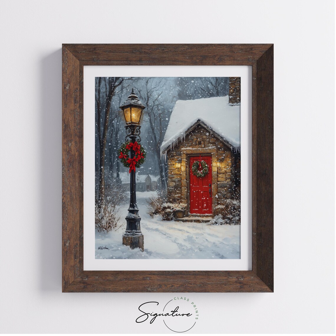 Glowing Christmas Lamppost with Wreath by a Cottage in Snow Poster - Image 3