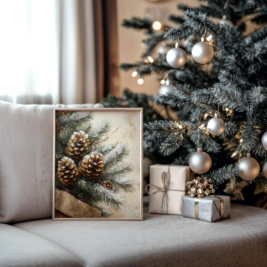 Snowy Pinecones And Evergreen Branches With Burlap Wrap Poster - Image 5