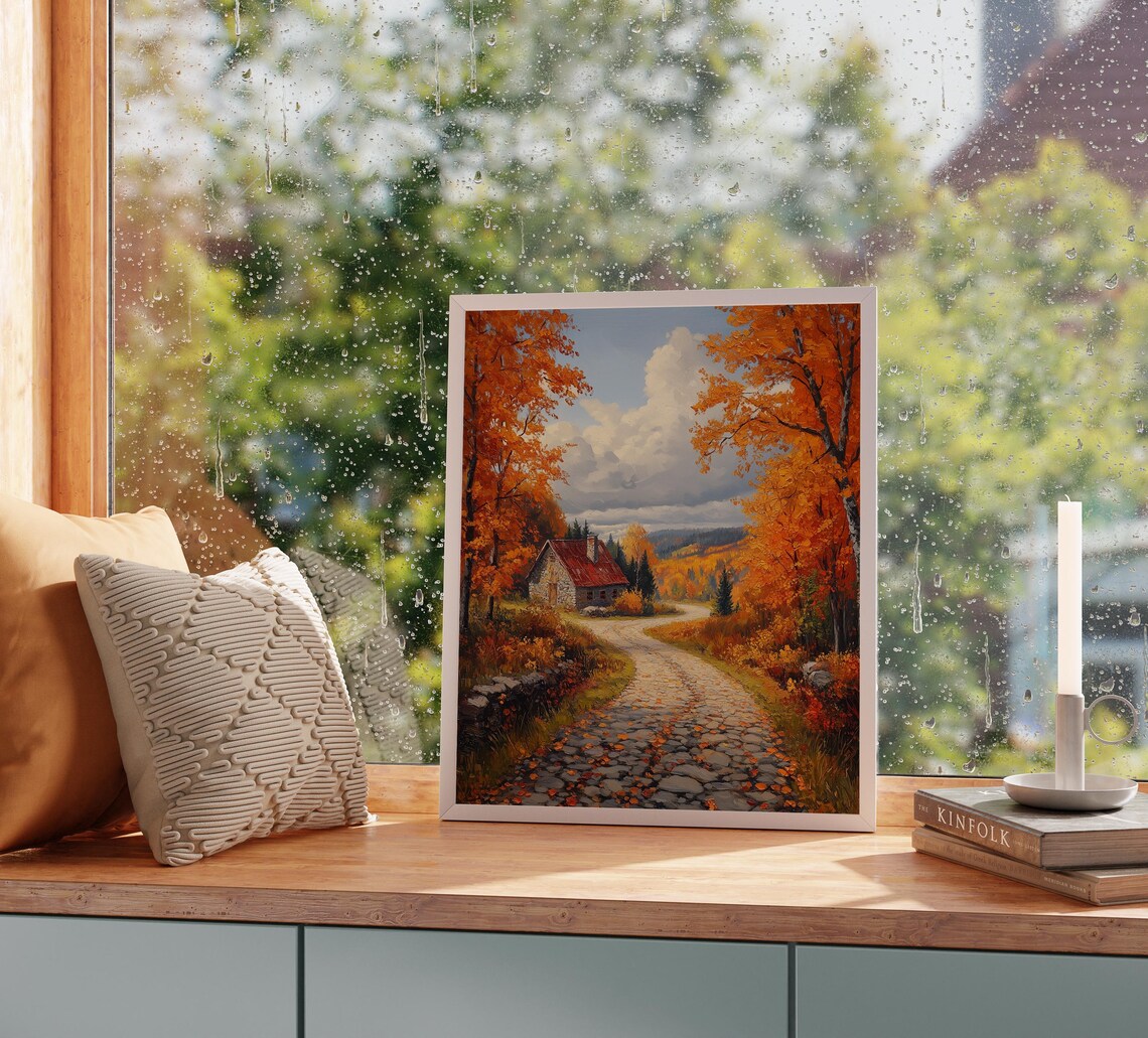 Stone Cottage on Cobblestone Lane Amid Glowing Autumn Woodland Wall Art - Image 2