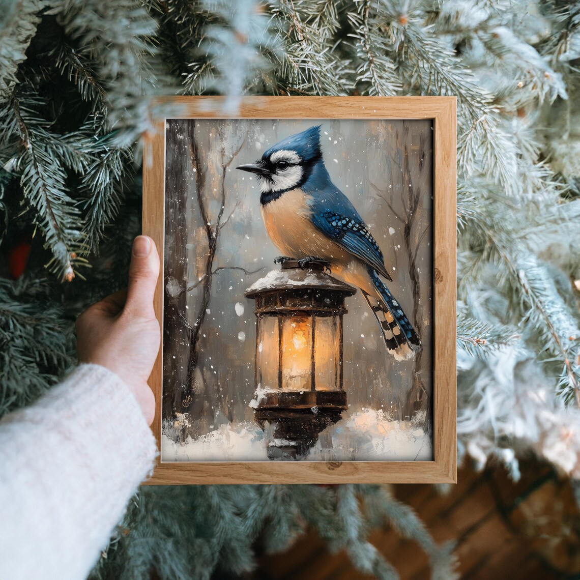 Blue Jay Snowy Lantern Night Winter Bird Wildlife Oil Painting Poster - Image 6