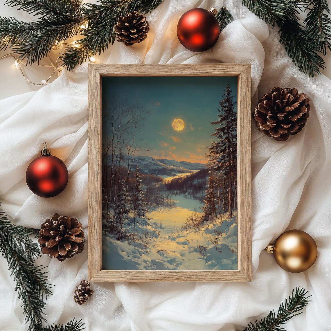 Full Moon Rising Over Snowy Forest Hillside Winter Night Poster - Image 4