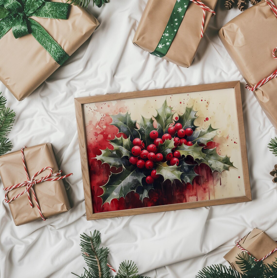 Christmas Holly Berries Watercolor Painting Holiday Season Wall Poster - Image 5