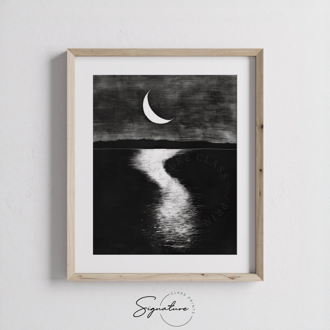 Crescent Moon Over Quiet Lake Night Reflection Sketch Poster - Image 3