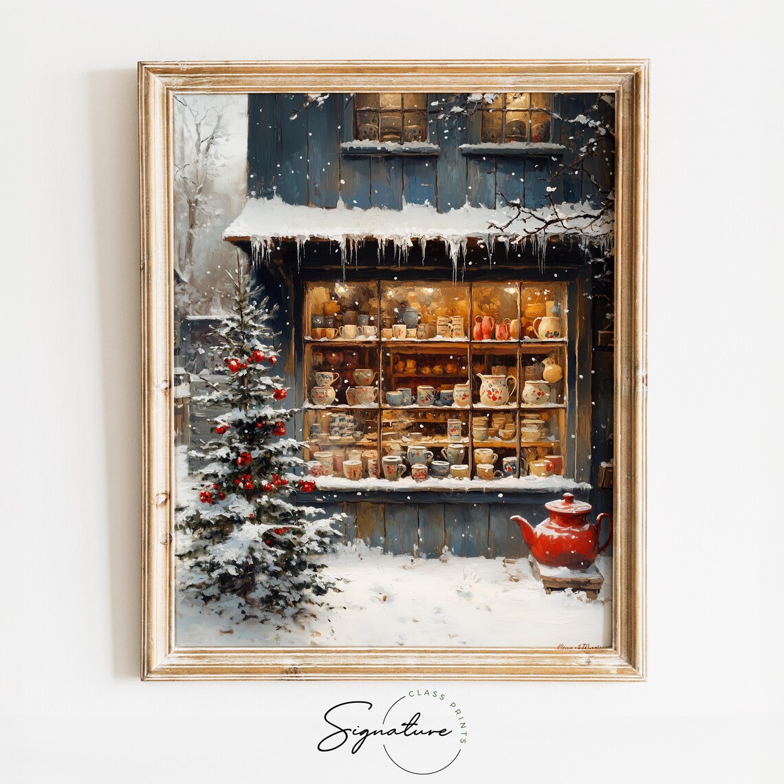 Cozy Winter Shop Window with Mugs and Teapots Snow Scene Poster