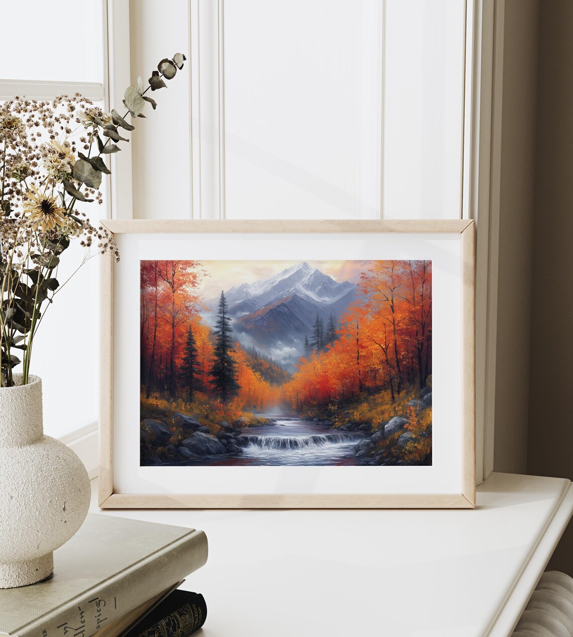 Rushing Mountain Stream Through Autumn Forest With Snowy Peak Beyond Wall Art - Image 6