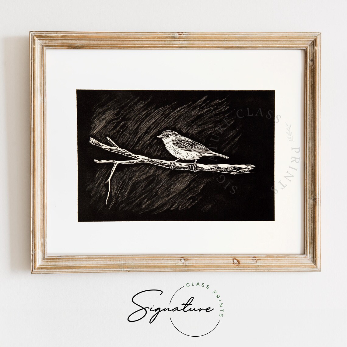 Songbird On Branch White On Black Textured Night Sky Art Poster