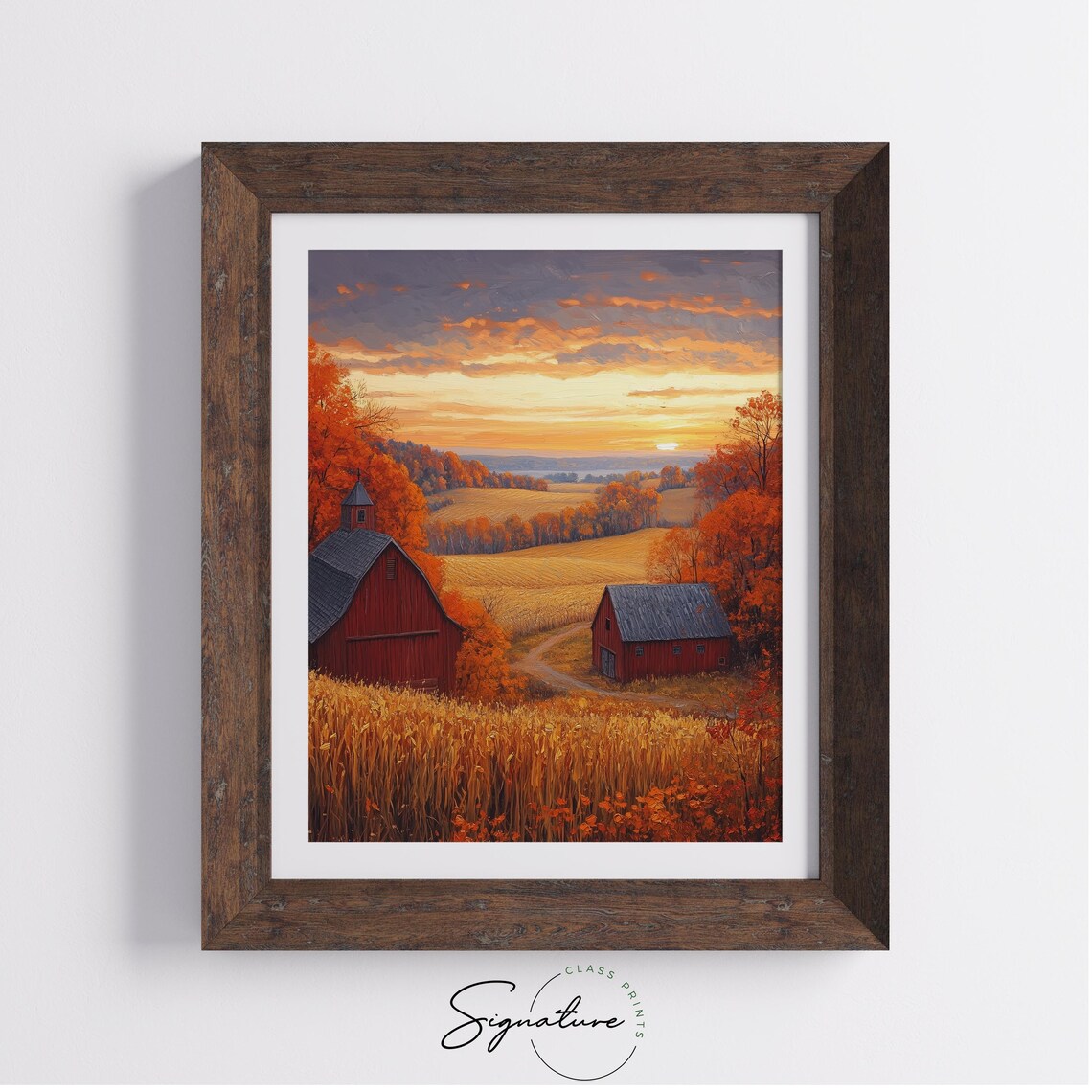 Two Red Barns in Golden Fields Under Blazing Autumn Sunset Sky Wall Art - Image 4