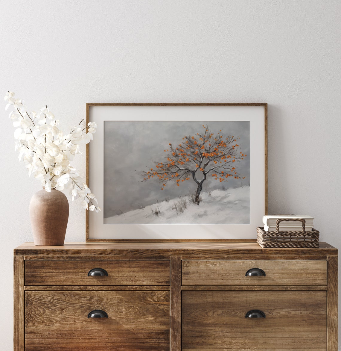 Lone Persimmon Tree With Orange Fruit Winter Snow Hillside Poster - Image 3