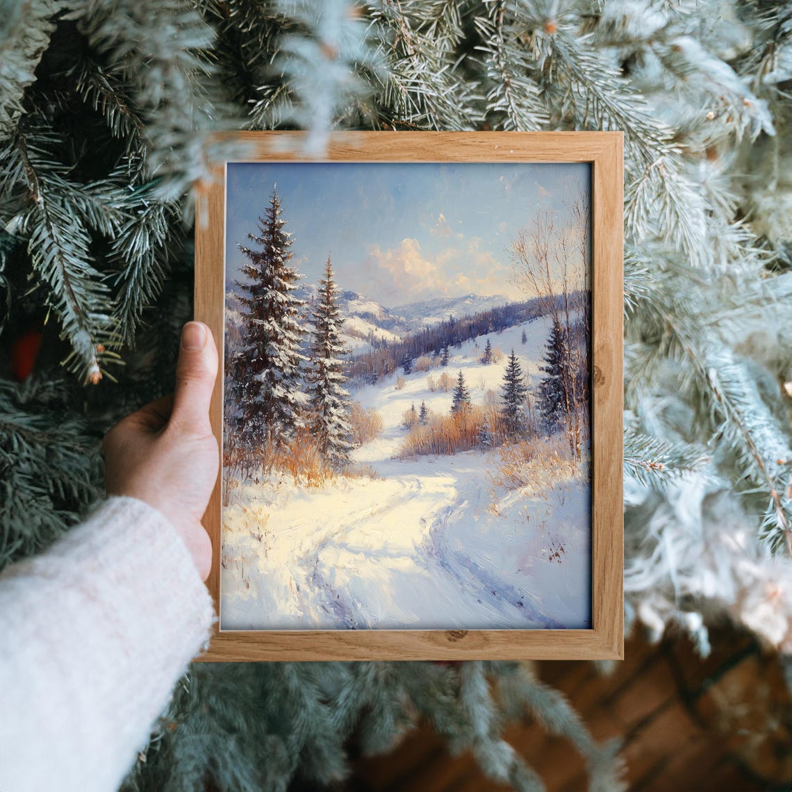 Sunny Winter Mountain Valley with Tall Pines under Blue Sky Poster - Image 6