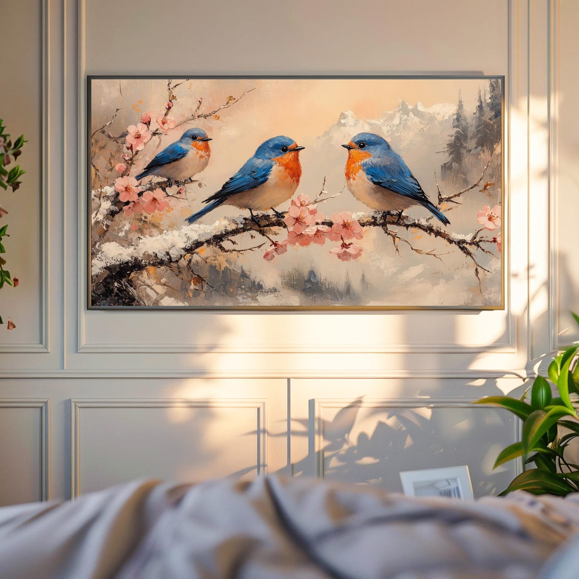 Three Bluebirds On Snowy Cherry Branch Misty Mountain Poster - Image 4