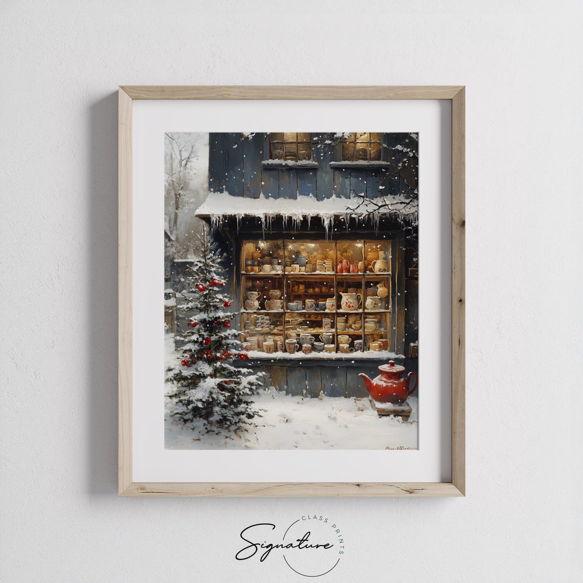 Cozy Winter Shop Window with Mugs and Teapots Snow Scene Poster - Image 2