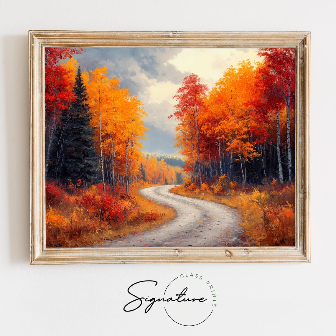 Curving Forest Road Between Tall Trees in Blazing Fall Color Poster
