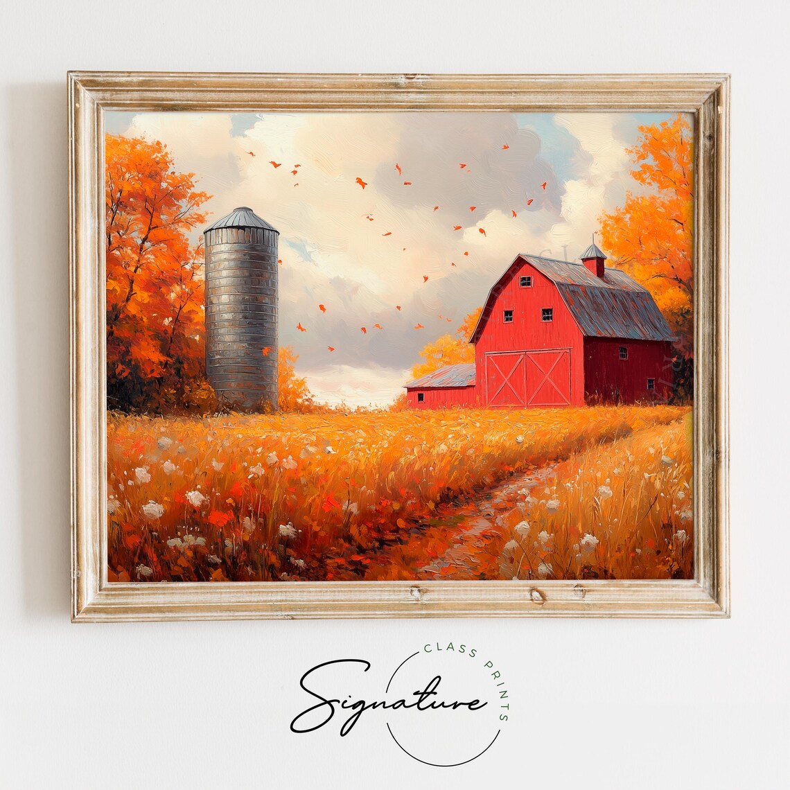 Red Barn and Silo in Golden Field with Falling Autumn Leaves Poster
