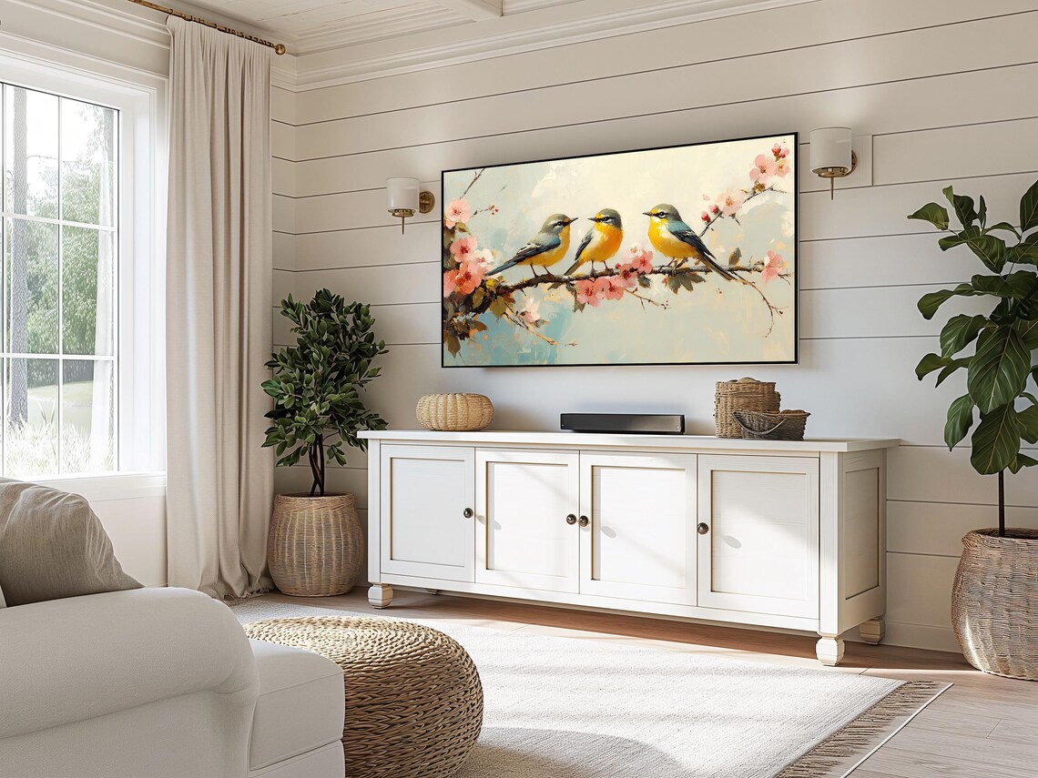 Three Golden Yellow Songbirds On Pink Cherry Blossom Branch Poster - Image 3