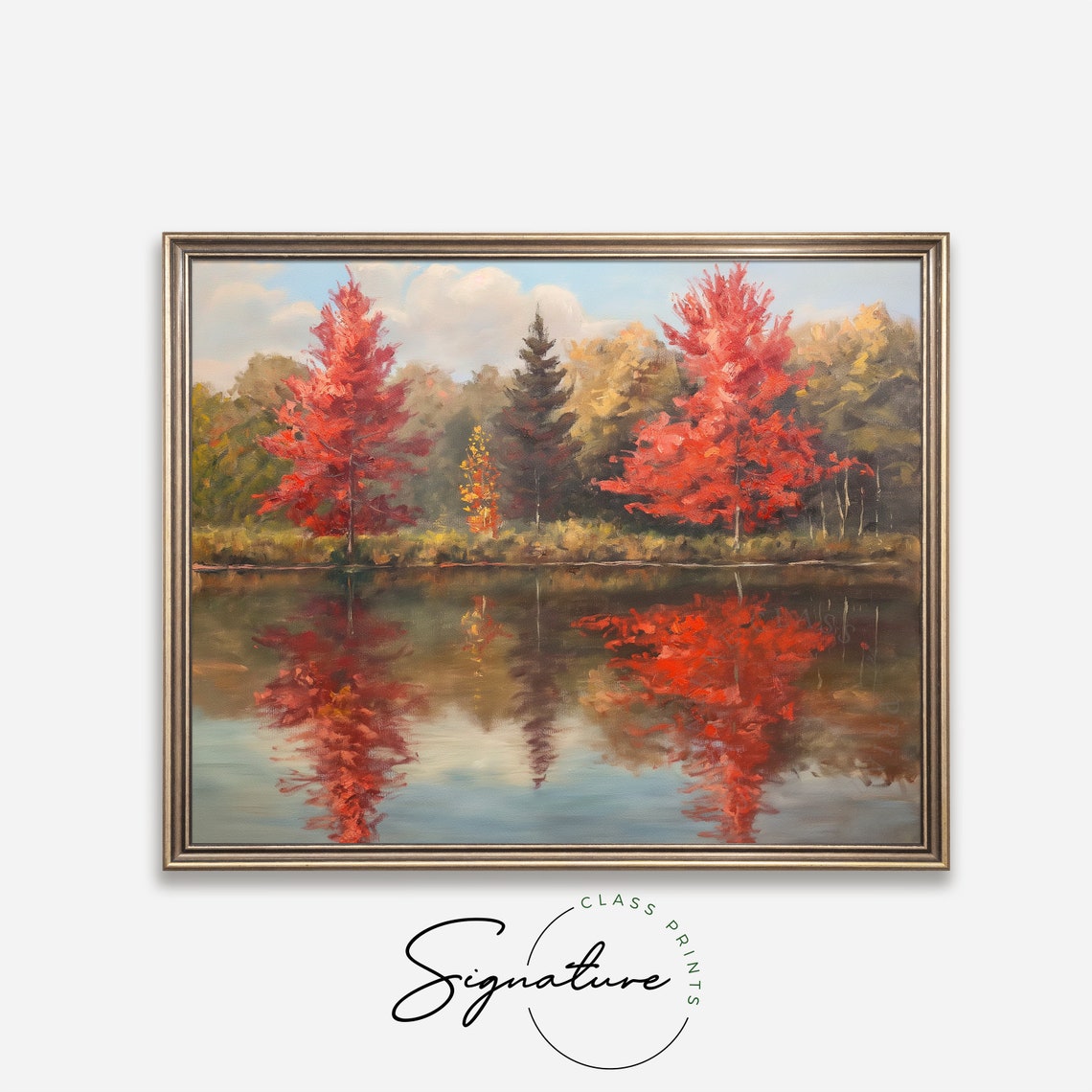 Twin Scarlet Red Maples Reflected In Calm Forest Pond Poster - Image 4