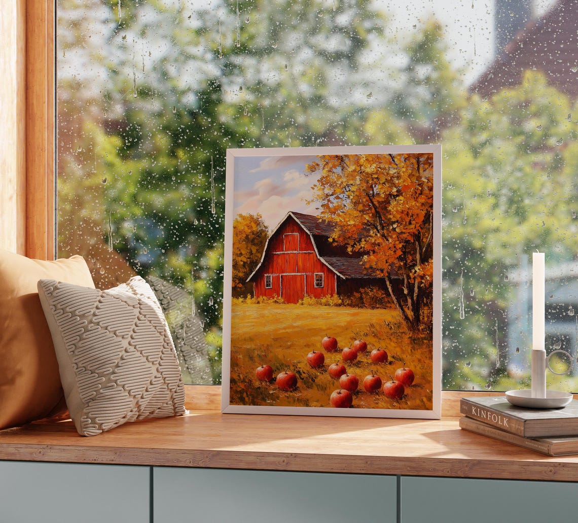Red Barn with Fallen Apples in Bright Autumn Orchard Scene Poster - Image 2