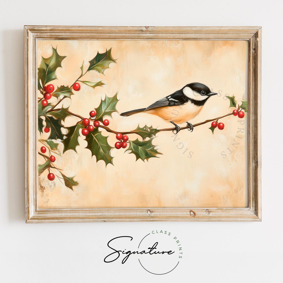 Black Capped Chickadee With Holly Berries Christmas Bird Print