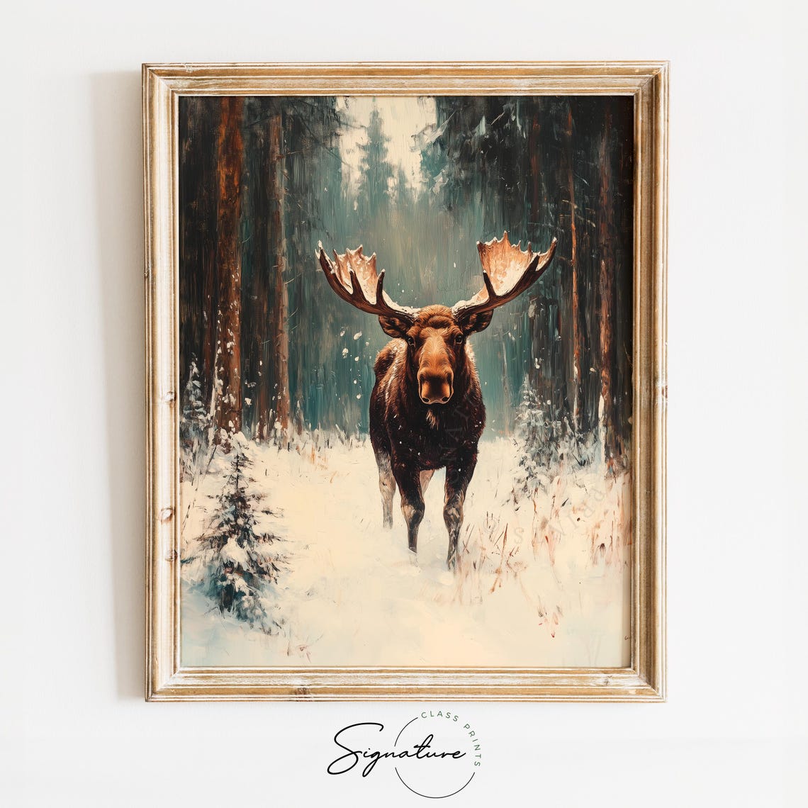 Majestic Moose in Snowy Forest Winter Wildlife Oil Painting Print