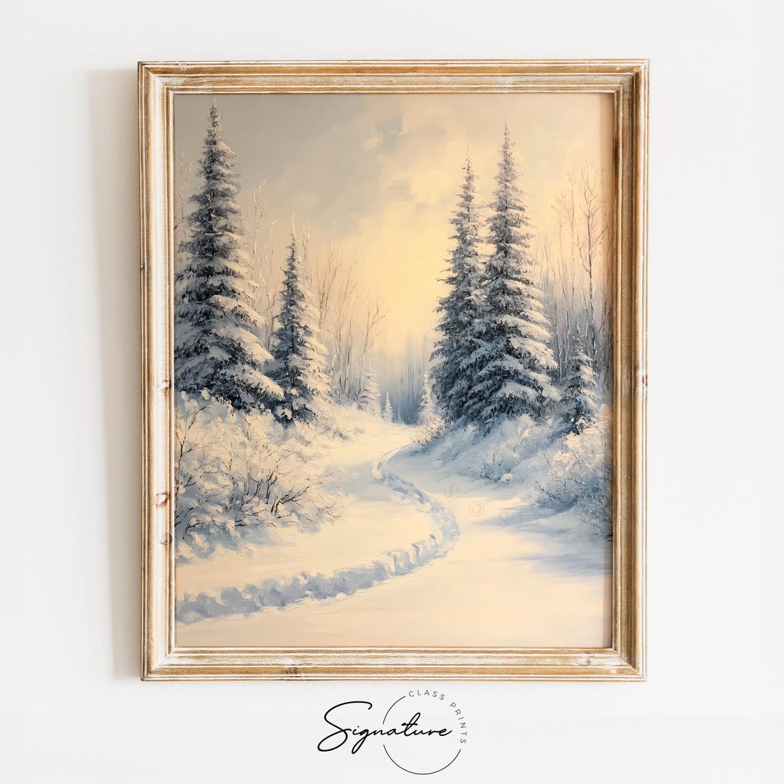 Snowy Trail Between Frosty Fir Trees in Soft Winter Light Poster