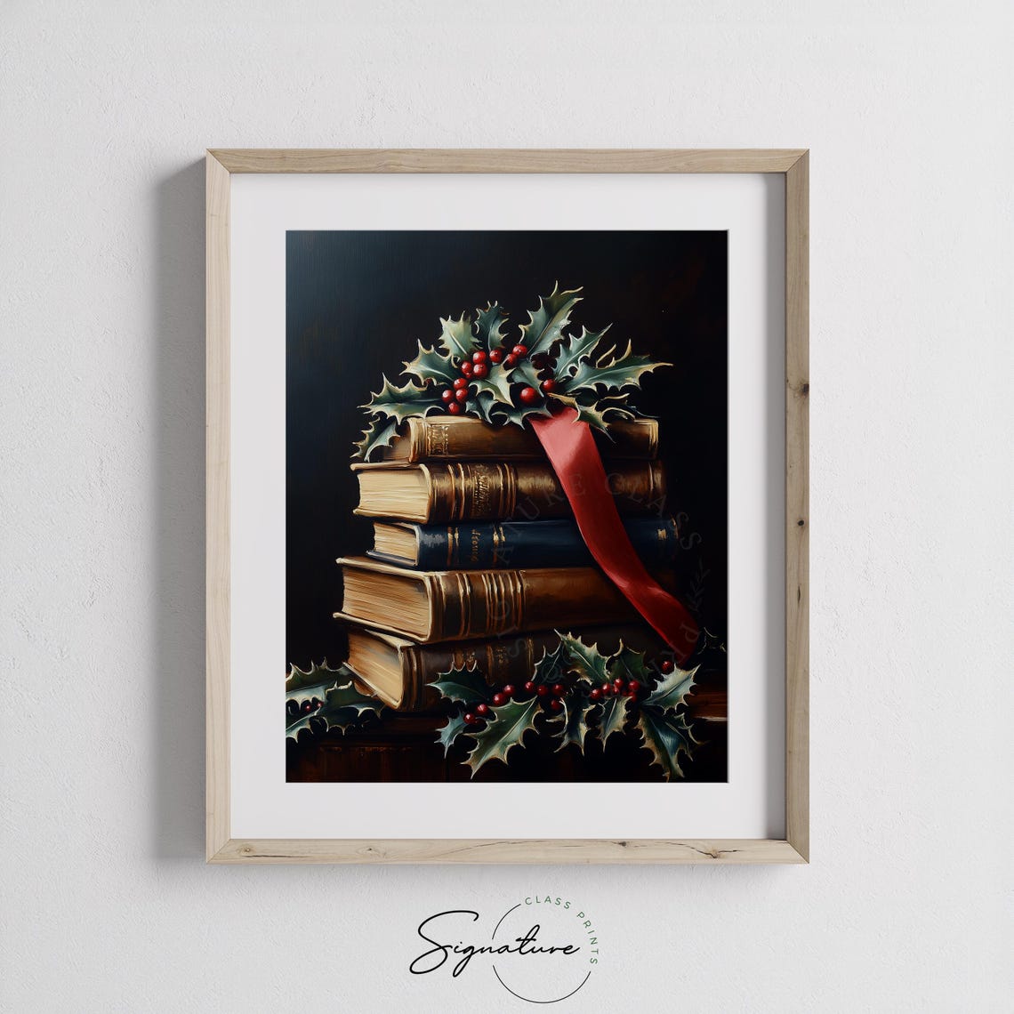 Stack Of Vintage Books With Red Ribbon And Holly Holiday Poster - Image 4