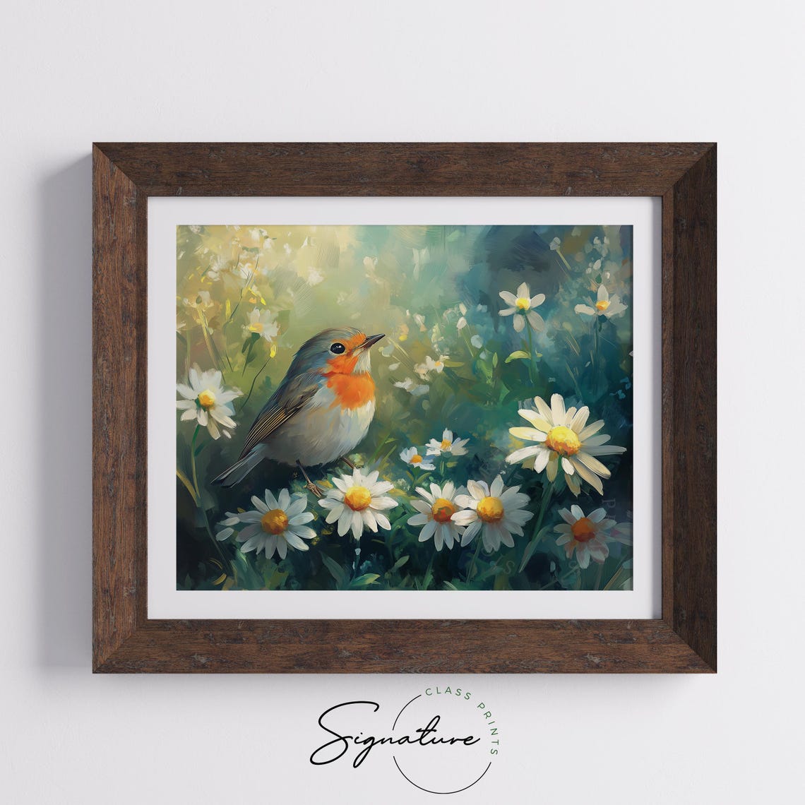 Robin Resting Among White Daisies In Lush Green Meadow Wall Art - Image 5