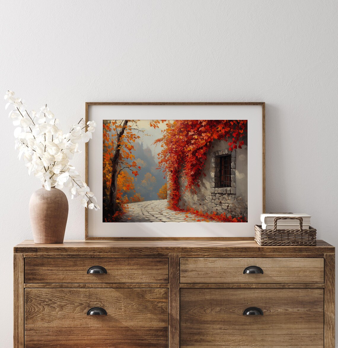 Cobblestone Lane Past Stone Wall Covered in Crimson Autumn Ivy Wall Art - Image 3