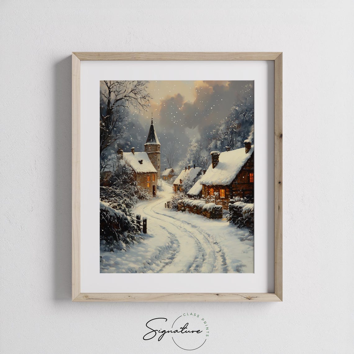 Snowy Village Lane With Church Tower Winter Christmas Dusk Poster - Image 2