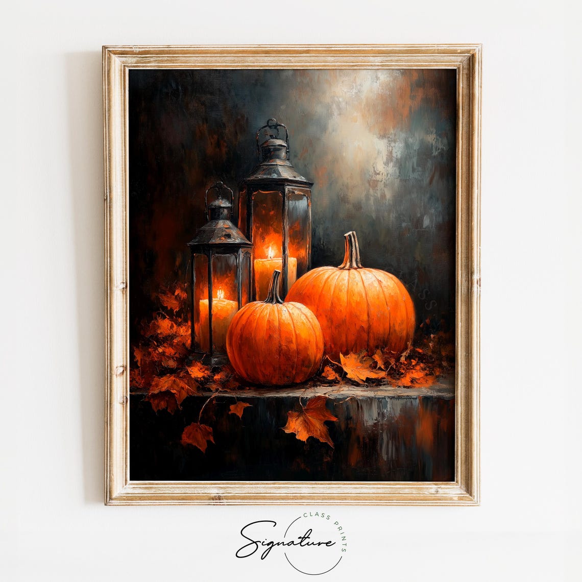 Pumpkin And Lantern Still Life Autumn Night Harvest Moody Art Poster
