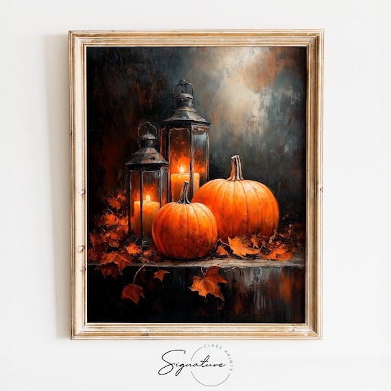 Pumpkin And Lantern Still Life Autumn Night Harvest Moody Art Poster