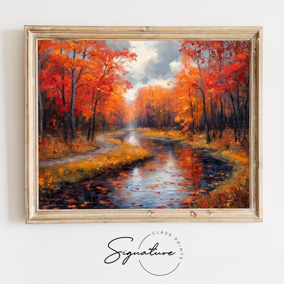 Red Autumn Forest Stream Mirror Reflection Landscape Painting Print