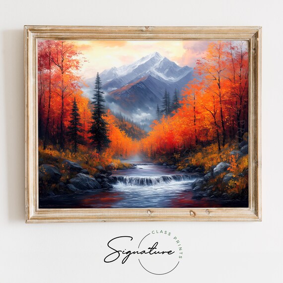 Rushing Mountain Stream Through Autumn Forest With Snowy Peak Beyond Wall Art