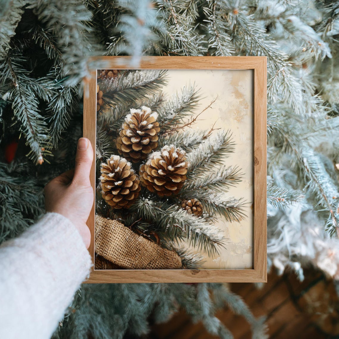 Snowy Pinecones And Evergreen Branches With Burlap Wrap Poster - Image 6