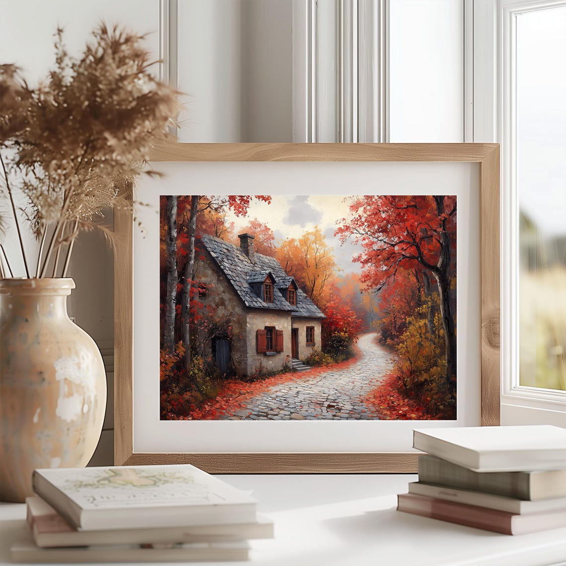 Stone Cottage With Red Shutters On Leaf Strewn Cobblestone Lane Poster - Image 2