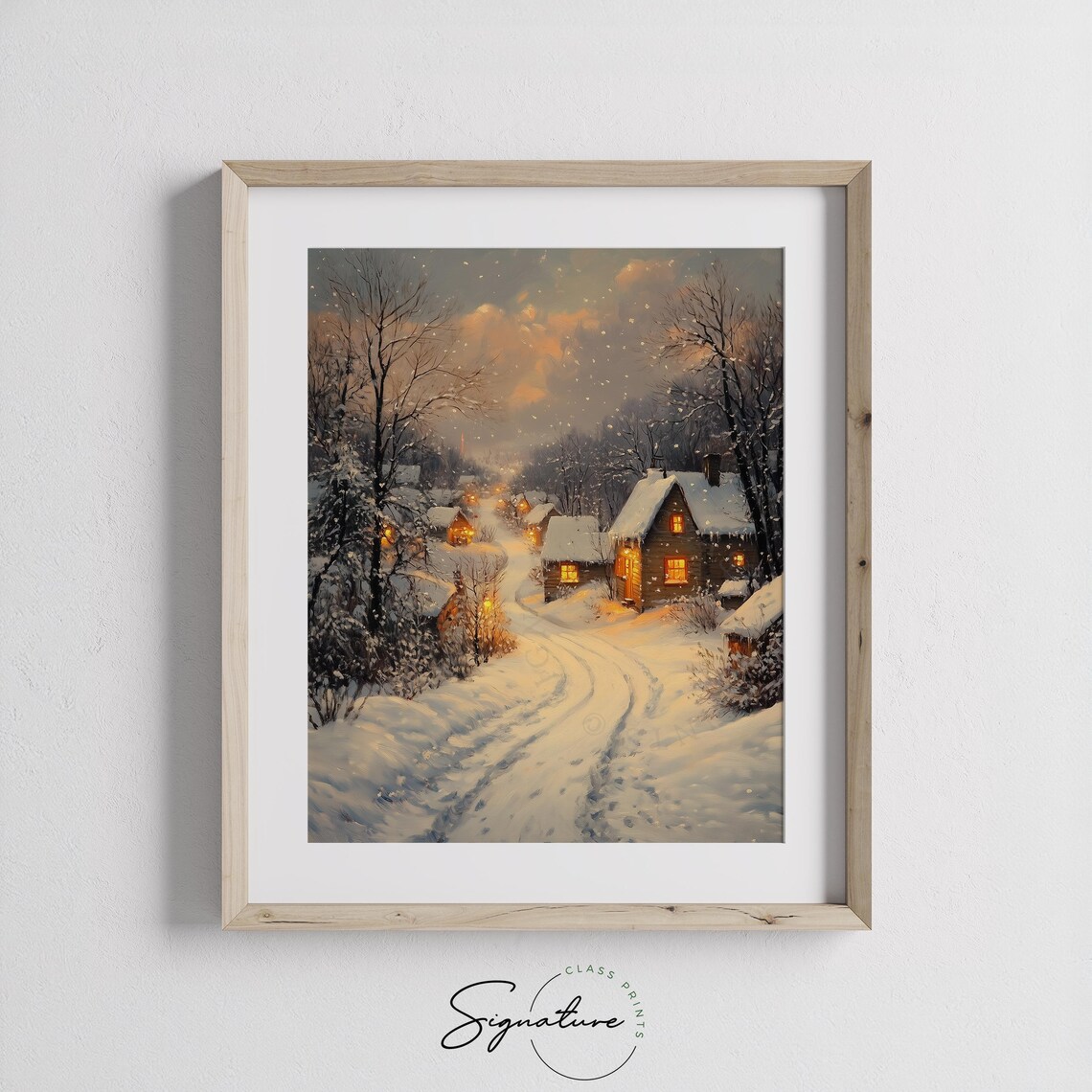 Snowy Village Lane at Dusk with Glowing Cottages Pink Sky Poster - Image 2