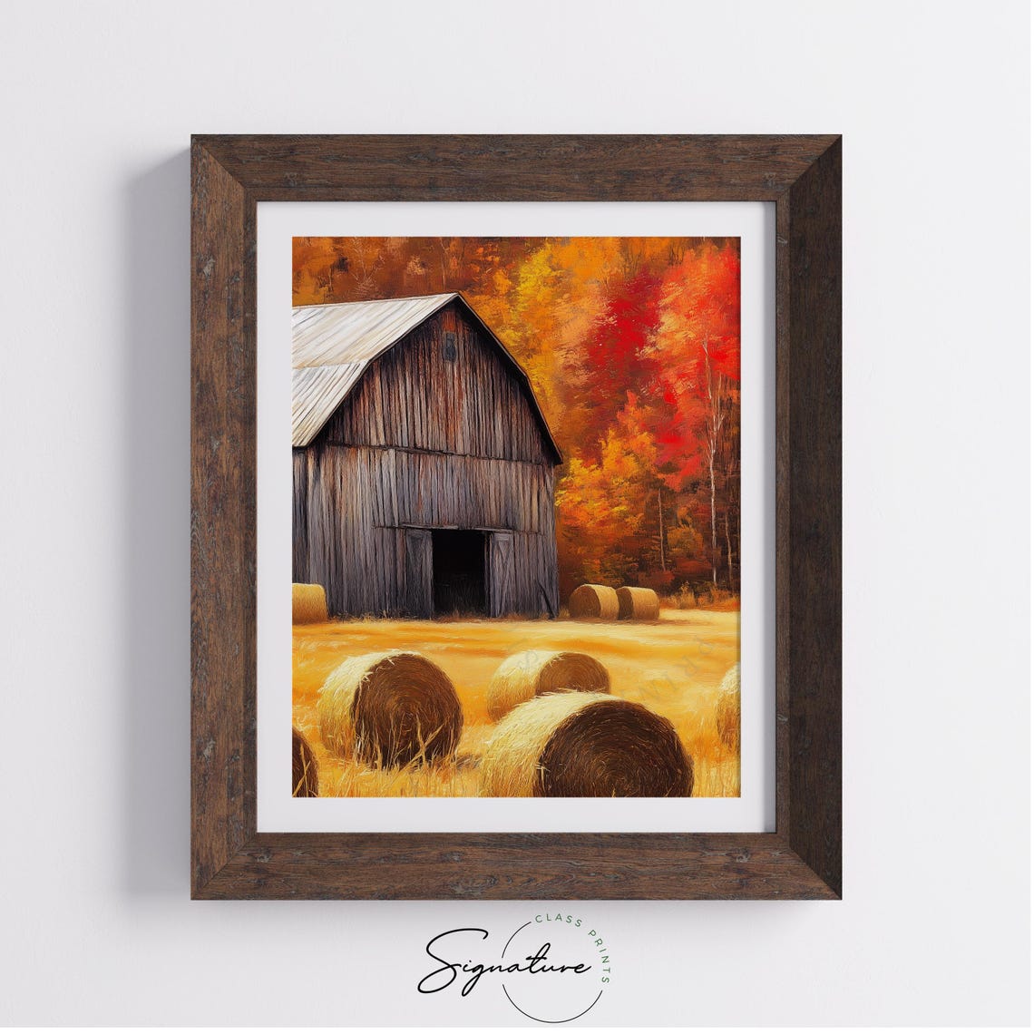 Weathered Barn Hay Bales Crimson Autumn Trees Harvest Field Poster - Image 4
