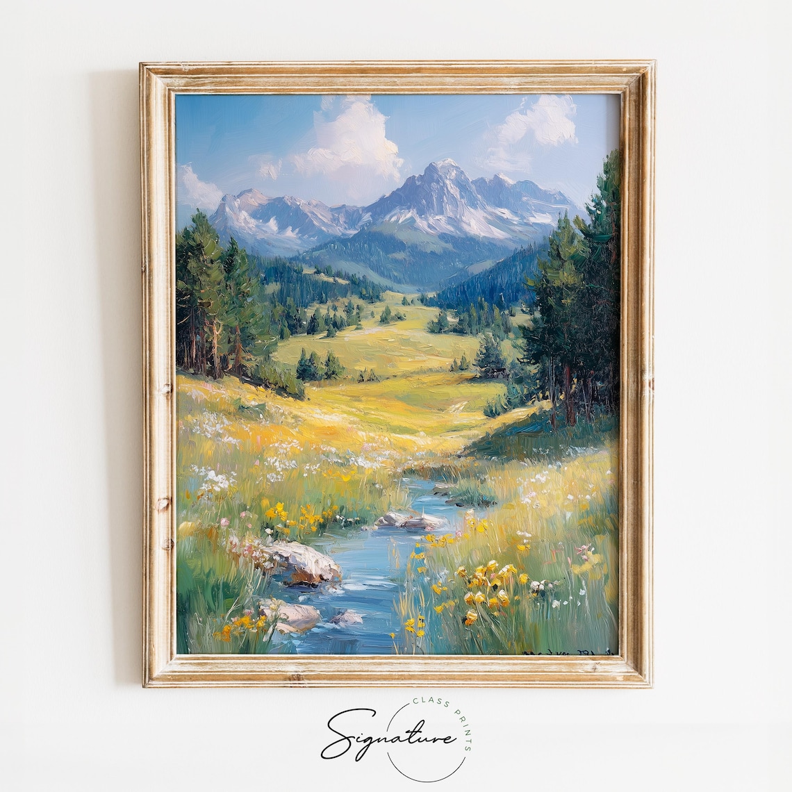 Alpine Stream In Blooming Valley Snowy Mountain Wildflower Landscape Poster