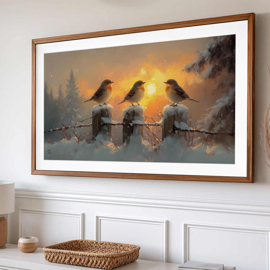 Winter Songbirds Trio Snowy Fence Posts Fiery Sunset Birds Painting Poster - Image 2