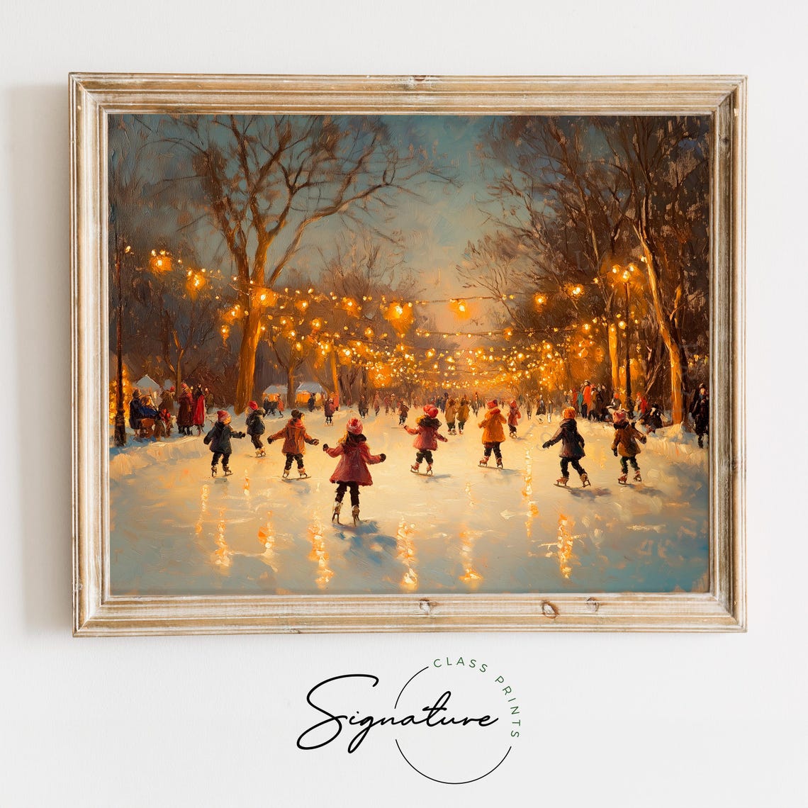 Children Ice Skating On A Frozen Pond Under String Lights Poster