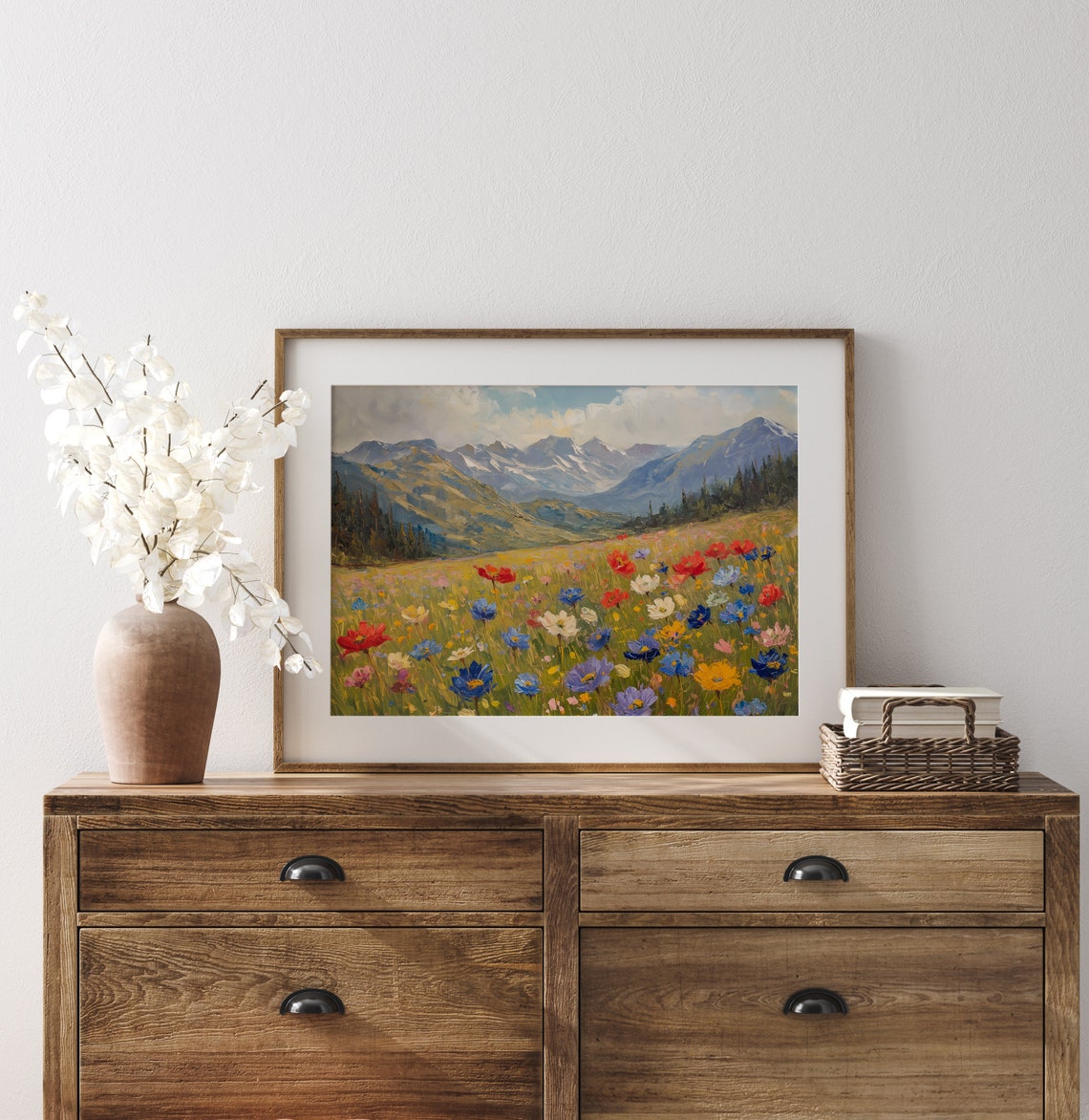 Vibrant Wildflower Meadow Beneath Snowy Peaks Colorful Art Poster - Image 3